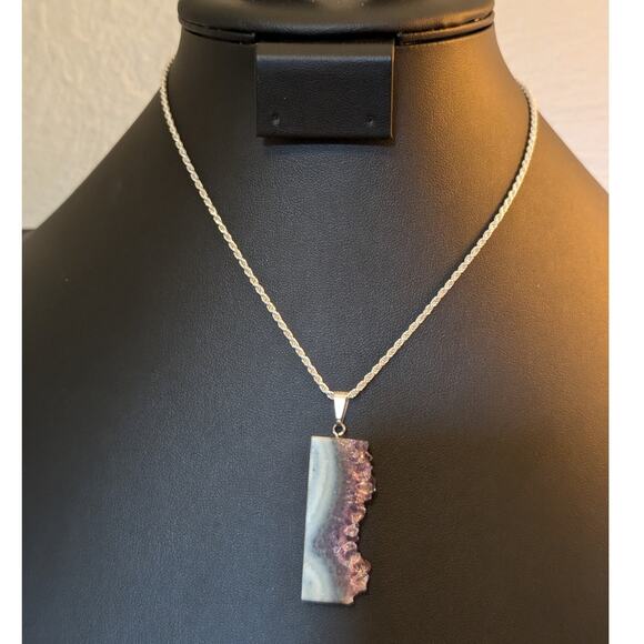 925 Sterling Amethyst Slice Crystal Pendant on Sterling Silver Rope Chain - Picture 1 of 7